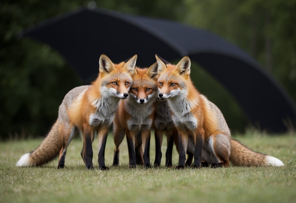 A group of foxes huddled together, ears perked and tails tucked, as they cautiously observe a looming shadow in the distance