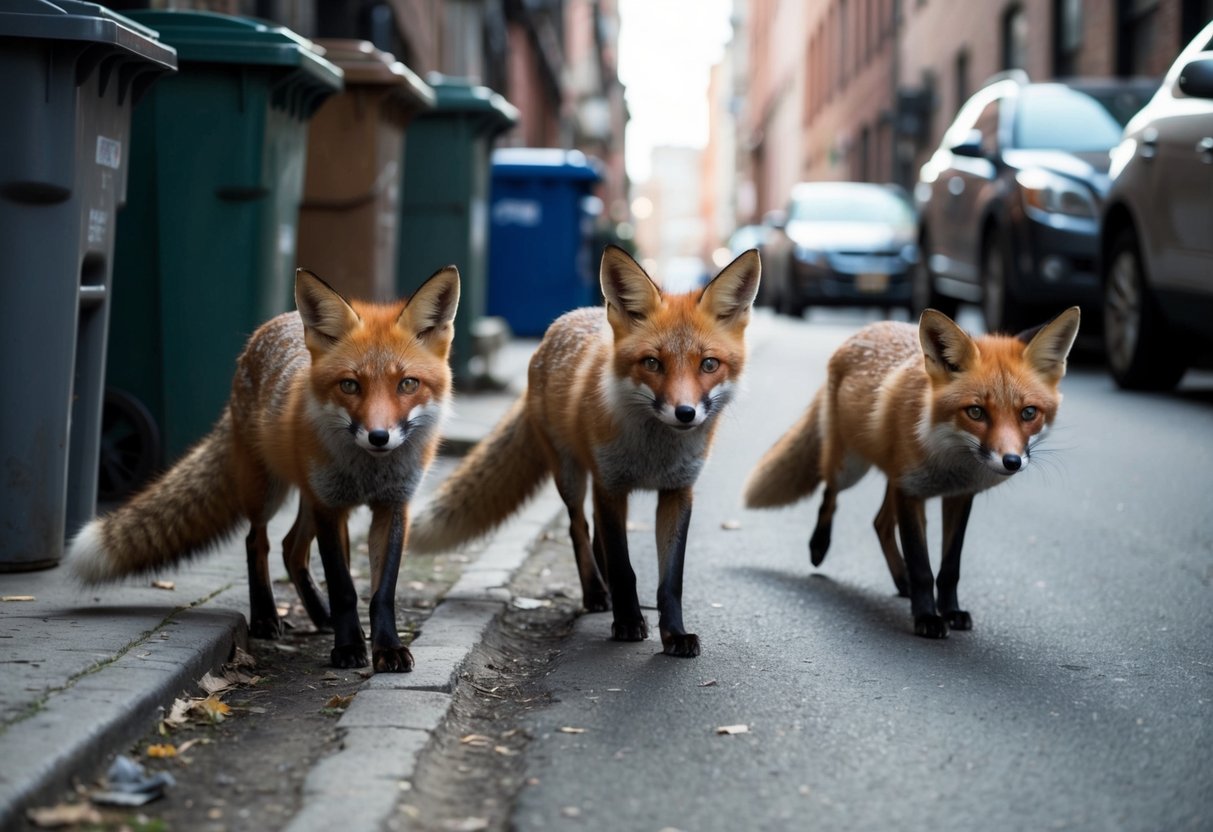 A group of foxes cautiously navigating through a cluttered urban alleyway, their ears perked and tails low, avoiding the looming presence of parked cars and trash bins