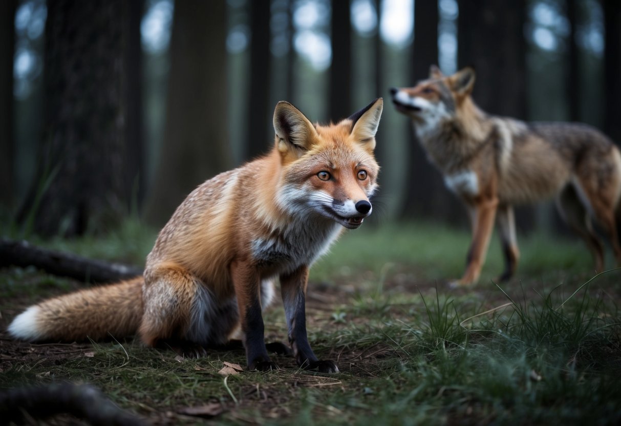 A fox cowers in a dark forest, eyes wide with fear as it hears the distant howl of a wolf