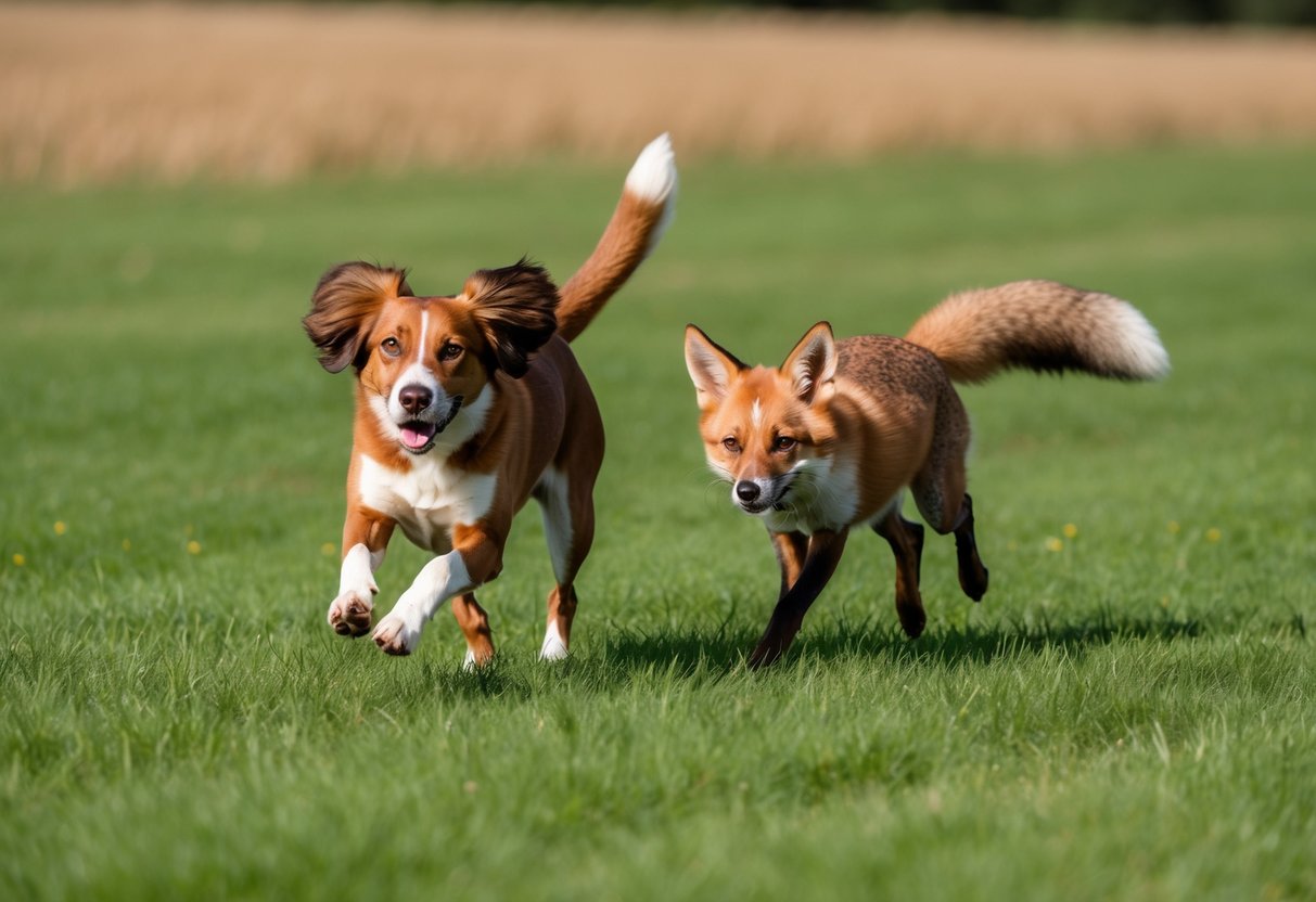 A brown dog with floppy ears chases a red fox through a grassy field