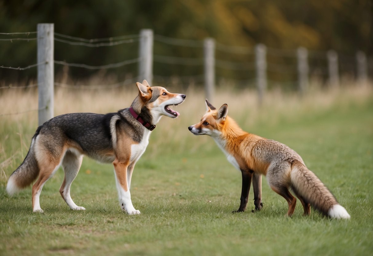 A dog barking at a fox near a fence in a rural setting