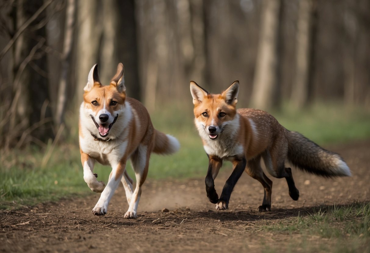 A dog chases a fox through a wooded area, both animals in mid-stride with intense expressions