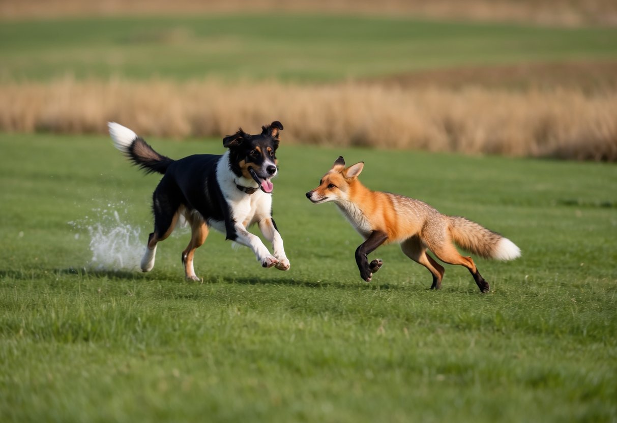 A dog chases a fox through a grassy field, their fur flying in the wind as they race across the open space