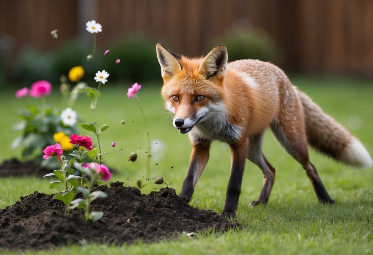 A fox is digging up a garden, scattering plants and flowers