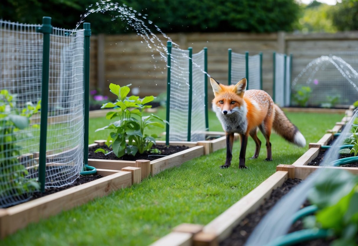 A garden with raised fences, motion-activated sprinklers, and mesh coverings over plants. A fox is shown looking frustrated at the barriers