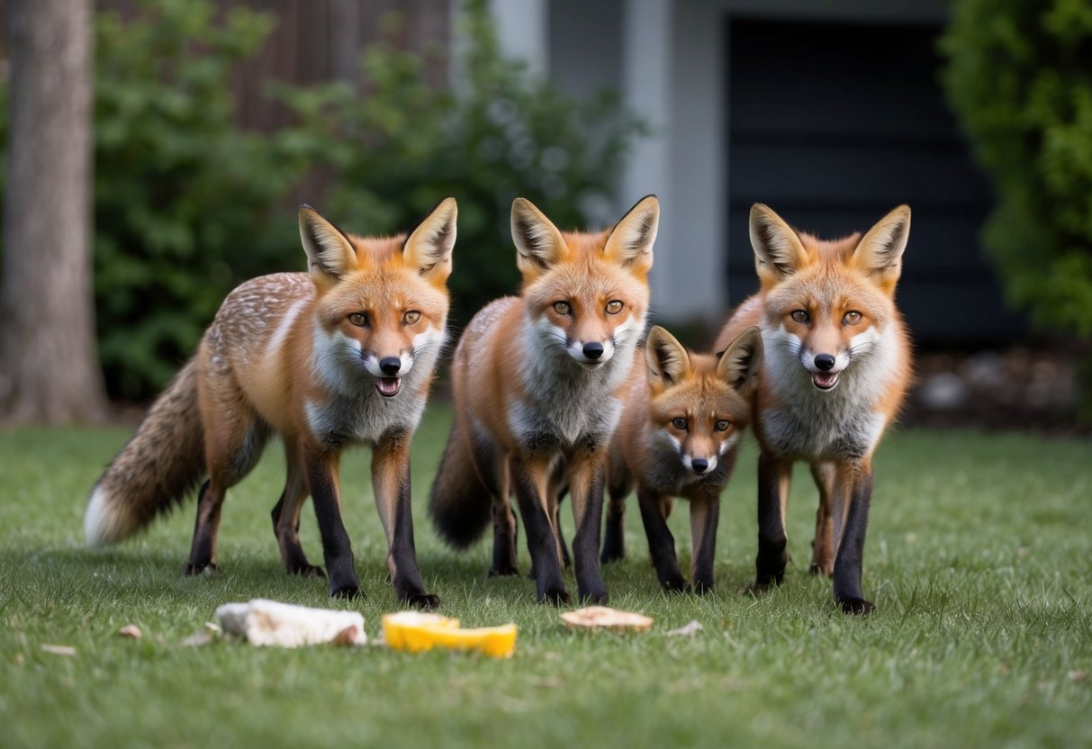A family of foxes playfully explore the yard, drawn to the scent of food scraps and small prey