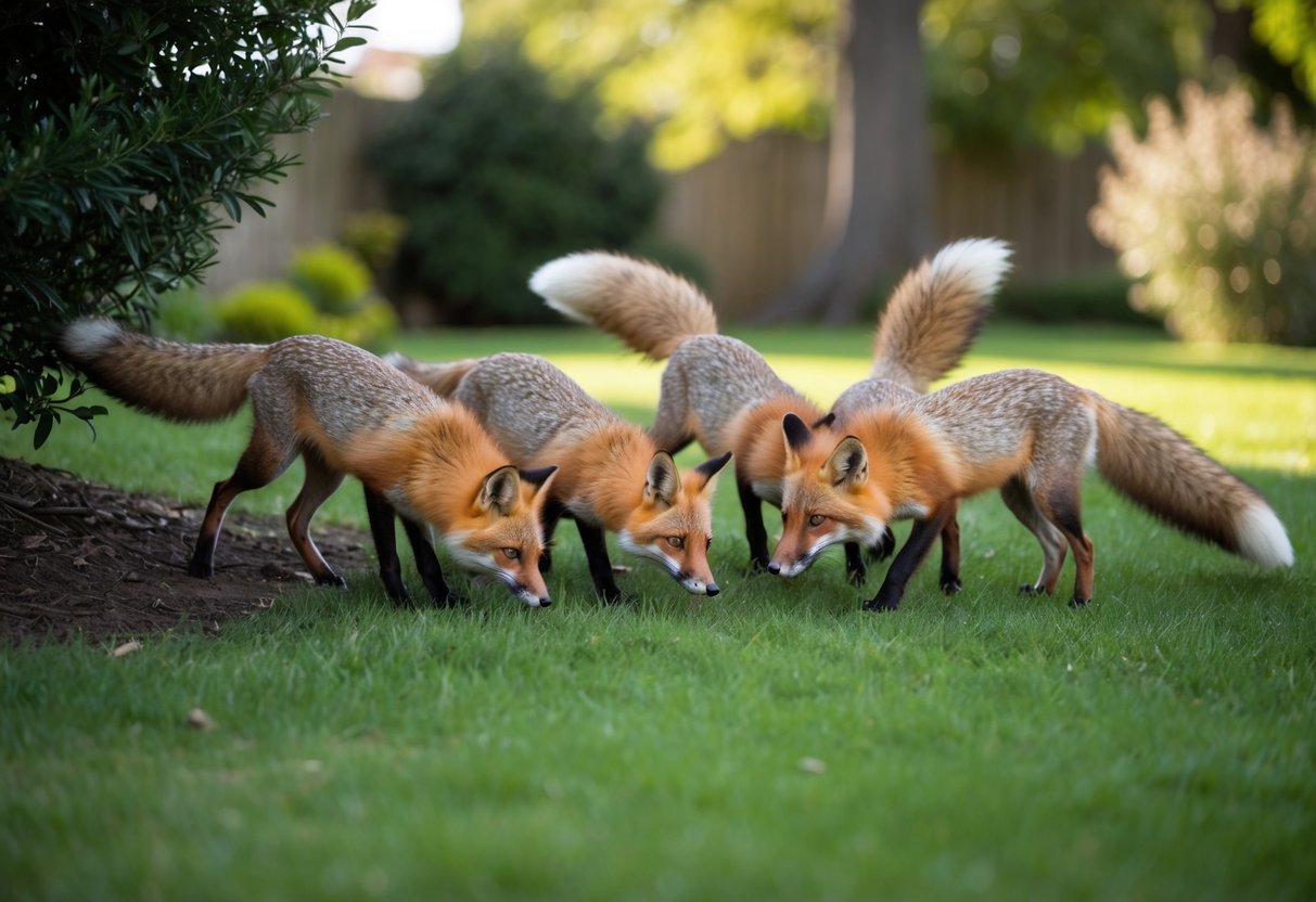 A family of foxes playfully explores the yard, sniffing at bushes and darting around the trees, their bushy tails swishing in the air