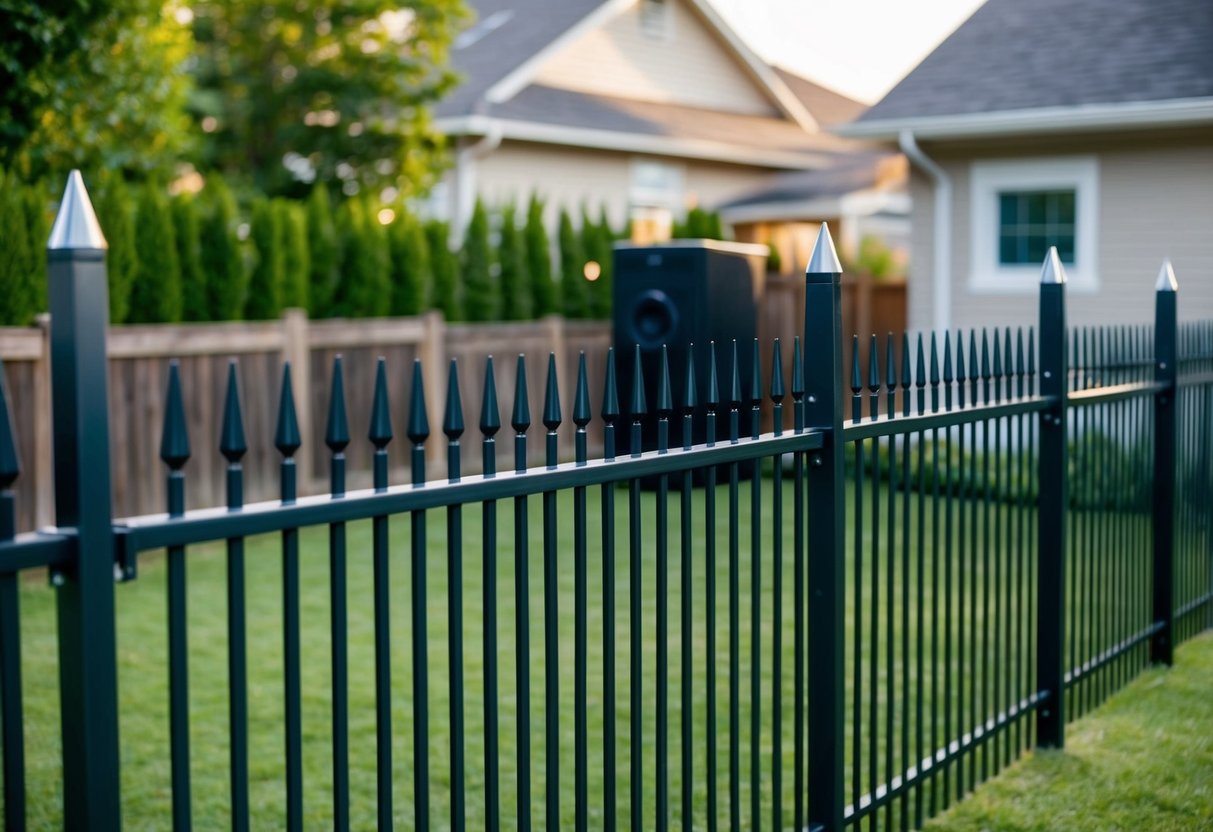 A fence topped with angled metal spikes surrounds a garden, while motion-activated lights and a loudspeaker system are installed around the perimeter of the house