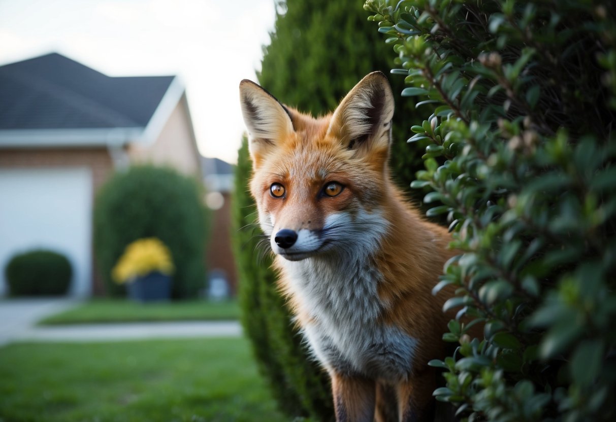 A fox peers out from behind a bush near a suburban house, drawn to the scent of food and shelter