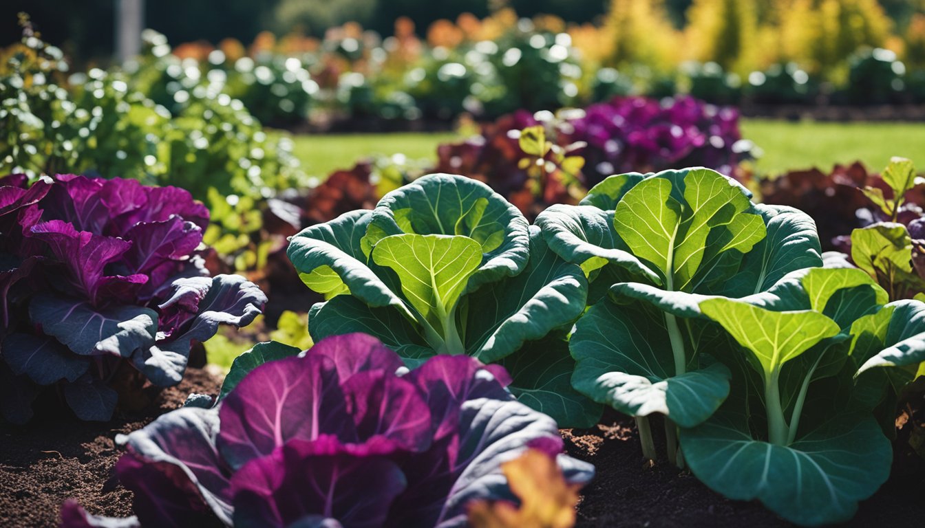 Mature vegetables like purple cabbage, rainbow chard, and climbing pea vines thrive in a no-dig garden bed in autumn