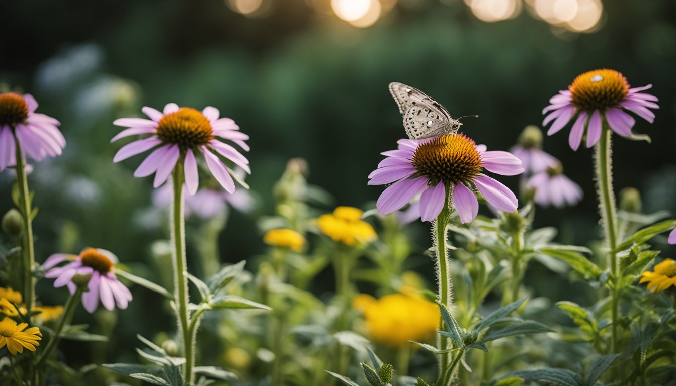 Tall foxglove, blooming echinacea, silvery artemisia, and St. John's wort in moonlit garden with stone pathways, hanging herbs, and owl on sundial