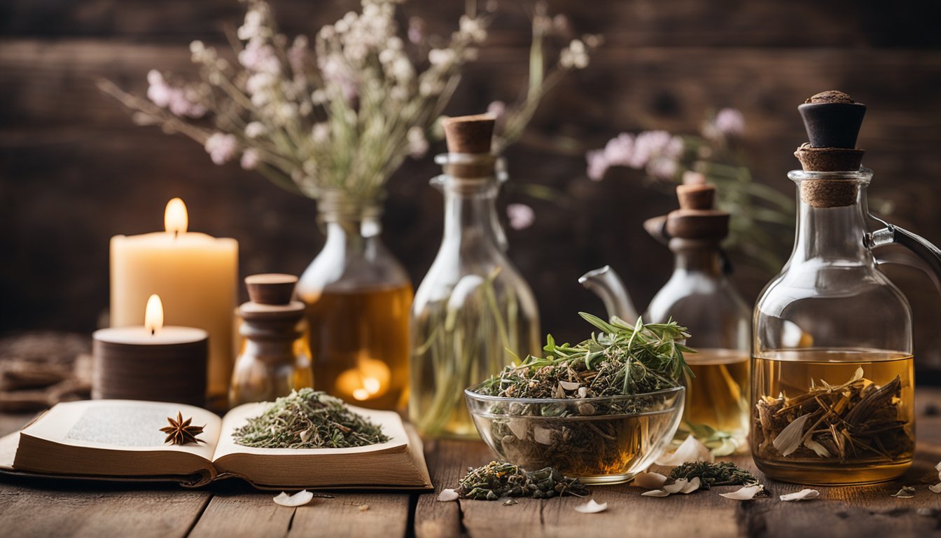 Antique bottles, dried herbs, candles, and journals on a wooden table with a steaming kettle and scattered petals