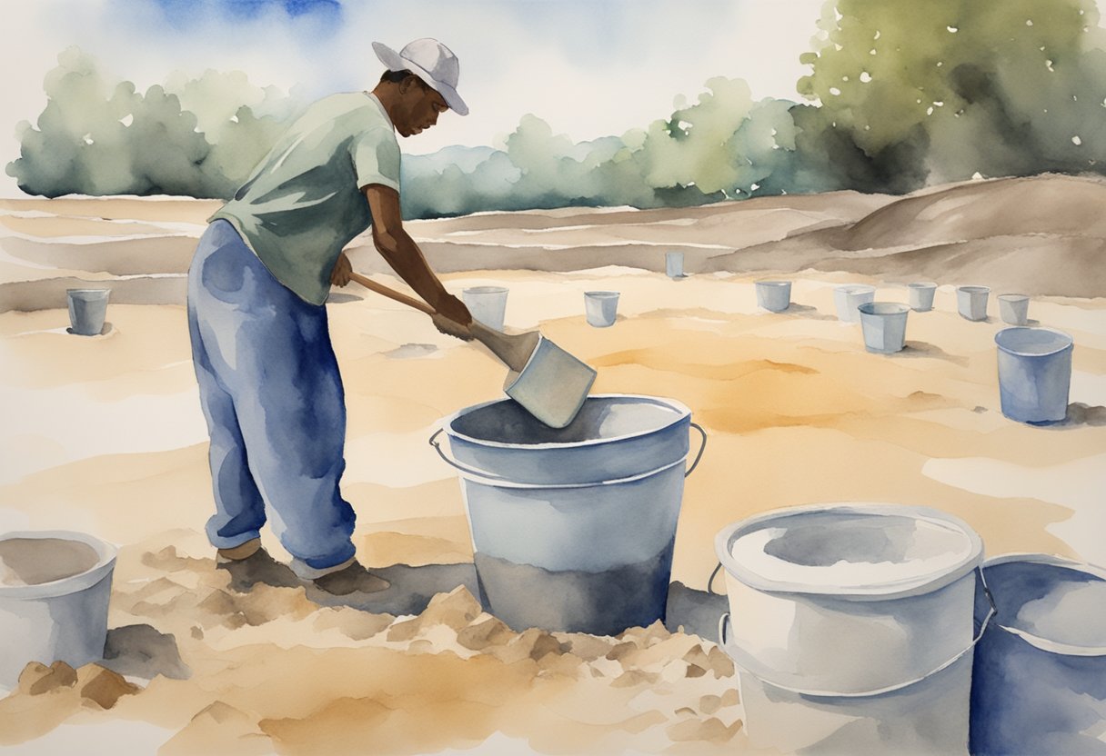 A person mixing refractory cement in a large bucket, adding water and stirring with a trowel. Sand and cement bags are nearby