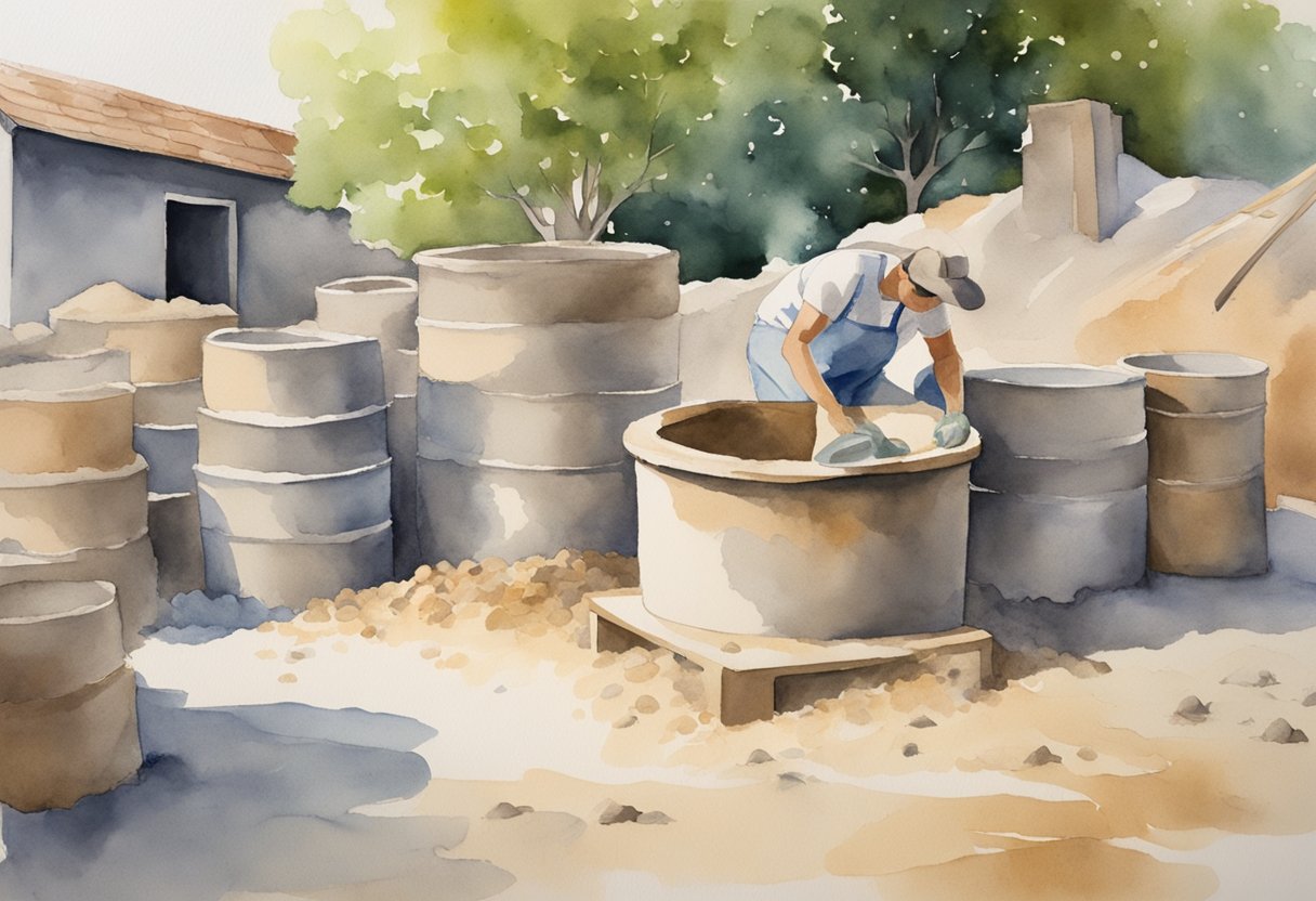 A person mixing refractory cement in a large bucket, surrounded by bags of cement, sand, and fireclay. A pizza oven structure is in the background