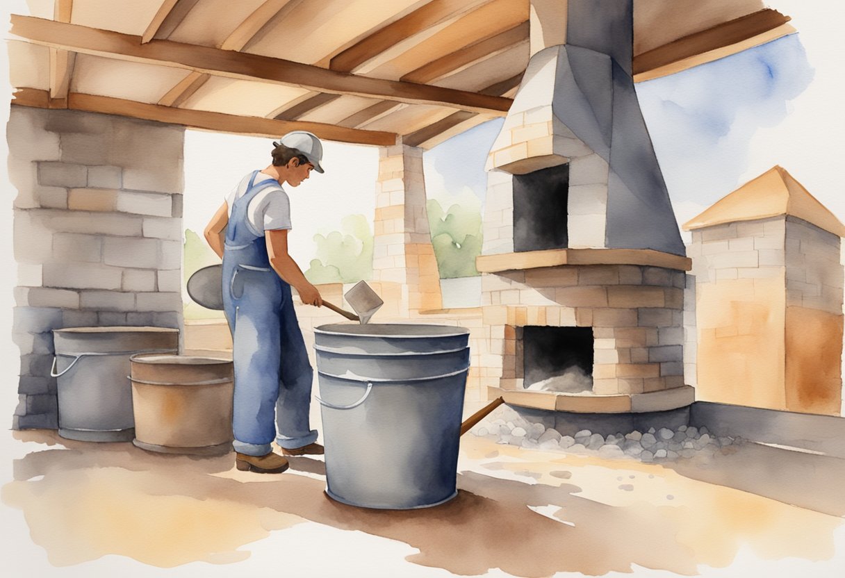 A person mixing refractory cement in a large bucket with a trowel, next to a pizza oven under construction