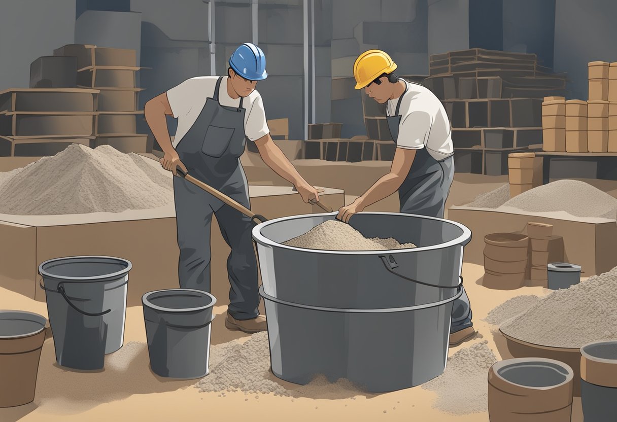 A person mixing refractory cement in a bucket, surrounded by bags of cement, sand, and fireclay. A forge and tools are nearby