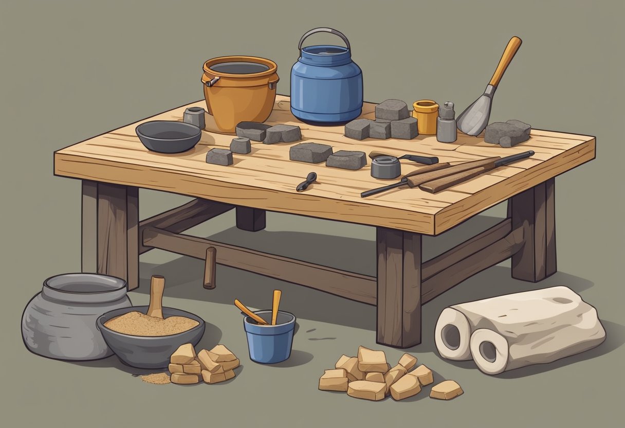 A table with various raw materials and tools laid out for making refractory cement for a forge