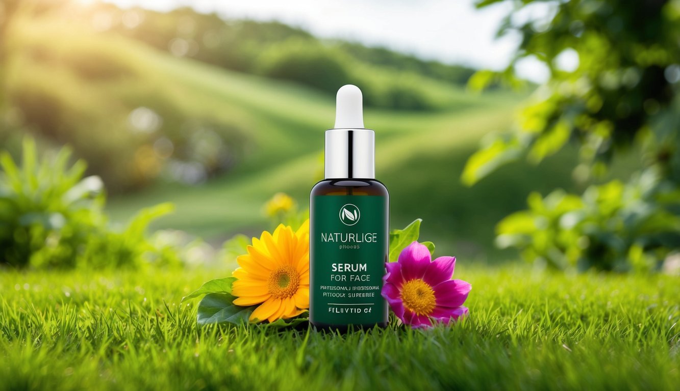 Et fredelig landskap med frodig grønt og livlige blomster, som viser de naturlige ingrediensene i Naturlige Serum for ansiktet