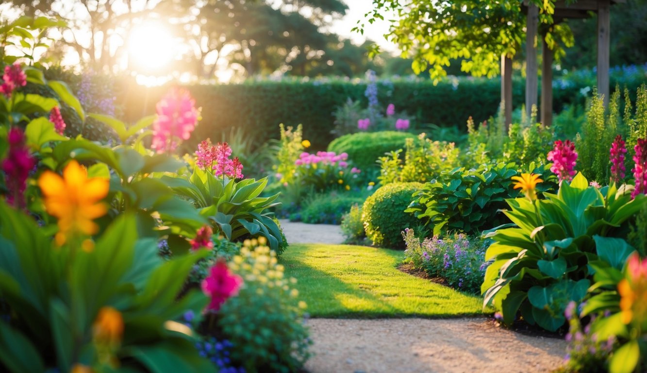 En fredelig, botanisk hage med livlige blomster og frodig grøntområde, opplyst av mykt sollys