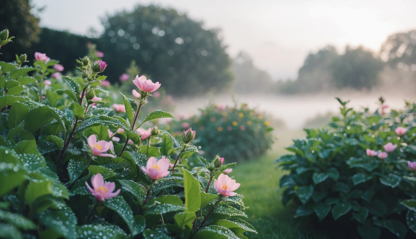 En fredelig og frodig hage med blomstrende blomster og duggdekte blader, omgitt av en mild tåke