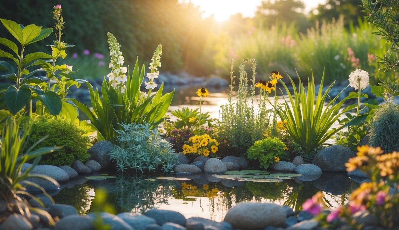 En fredelig, botanisk scene med ulike planter og blomster, omkranset av naturlige elementer som vann, sollys og jord