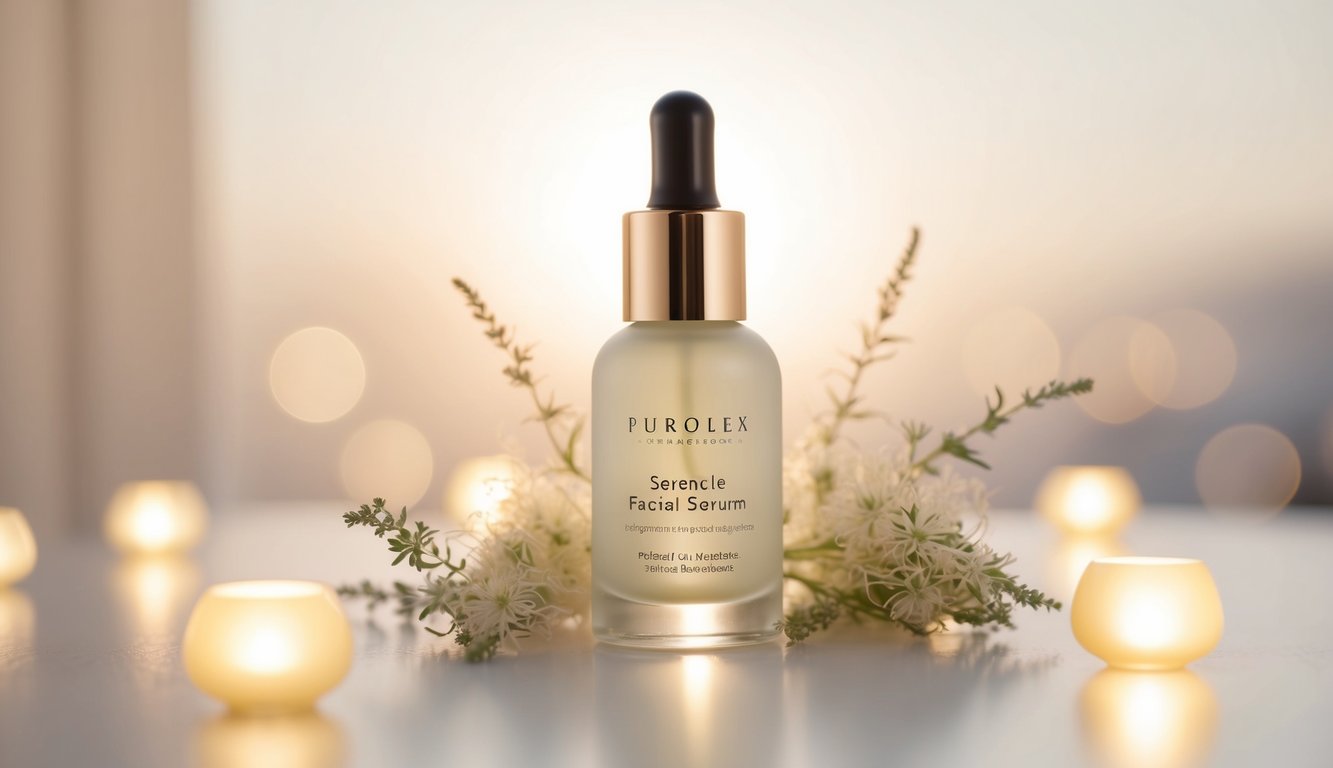 En rolig og elegant flaske Beste serum for ansiktspleie med ansiktsserum, omringet av mykt, glødende lys og delikate botaniske elementer