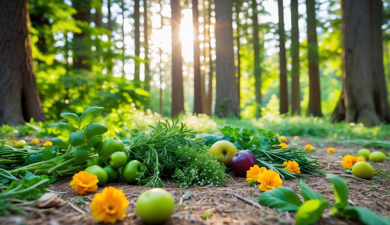 En fredelig skoglysning med friske urter, blomster og frukter spredt rundt, omgitt av høye trær og flekkete sollys