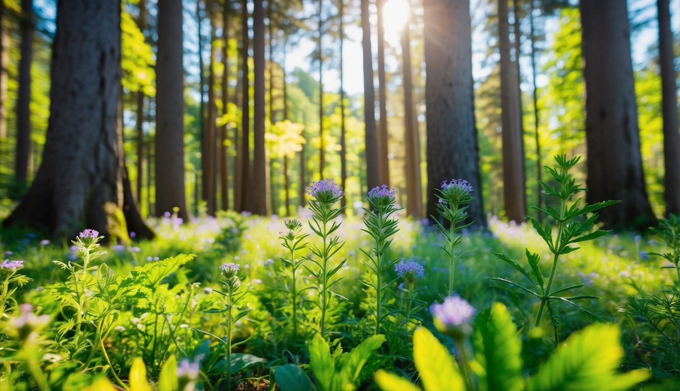 En fredelig skoglysning med villblomster og urter, omgitt av høye trær og flekkete sollys