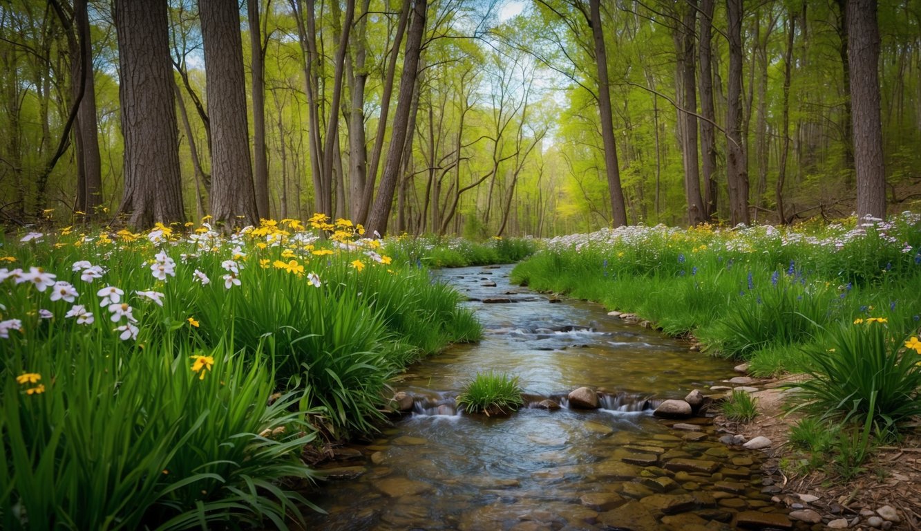 En fredelig skog med blomstrende villblomster og en klar bekk, omgitt av uberørt natur