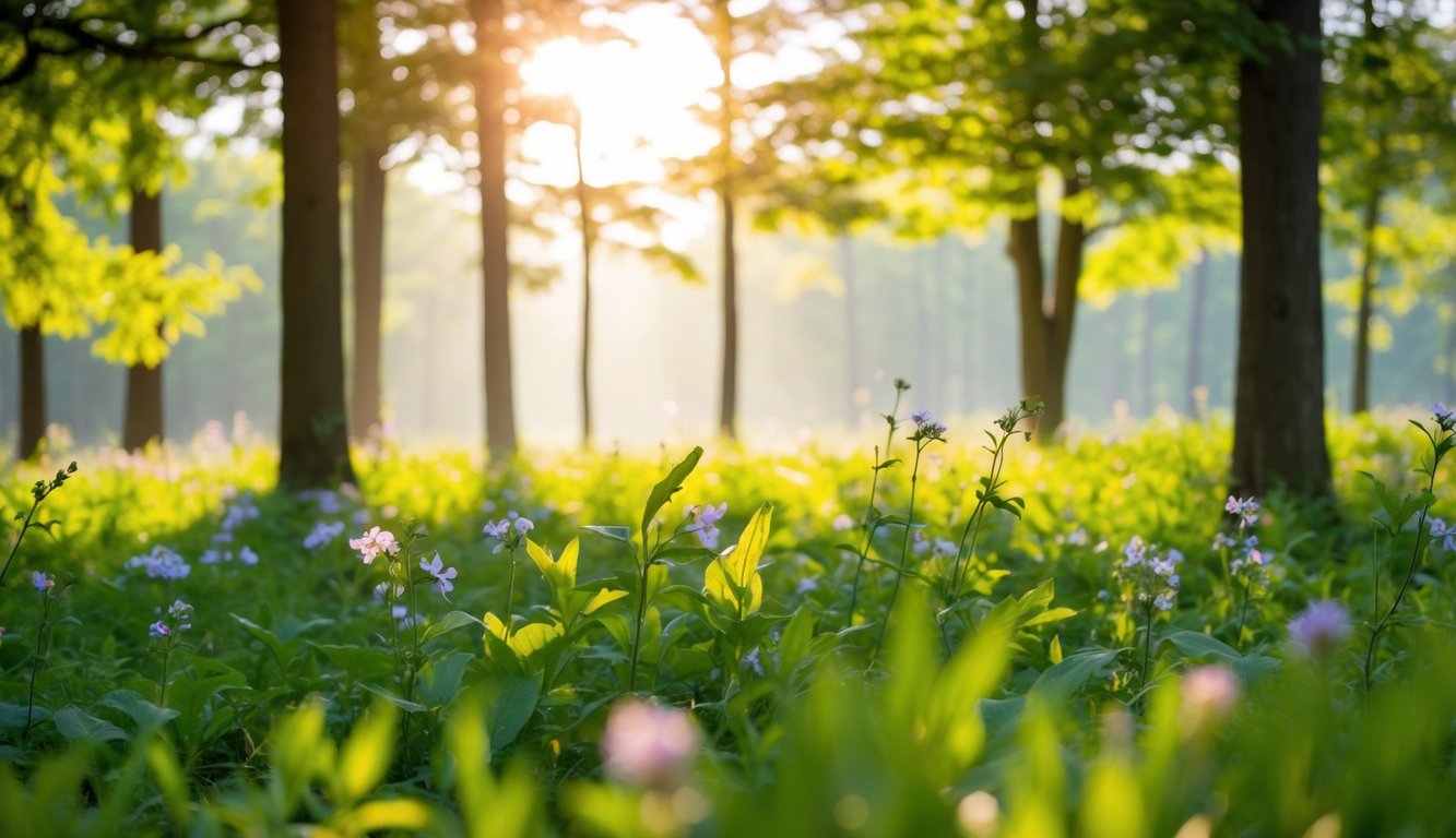 En fredelig skoglysning med en mild bris, omkranset av frodig grønt og blomstrende villblomster, med et mykt, varmt sollys som filtreres gjennom trærne