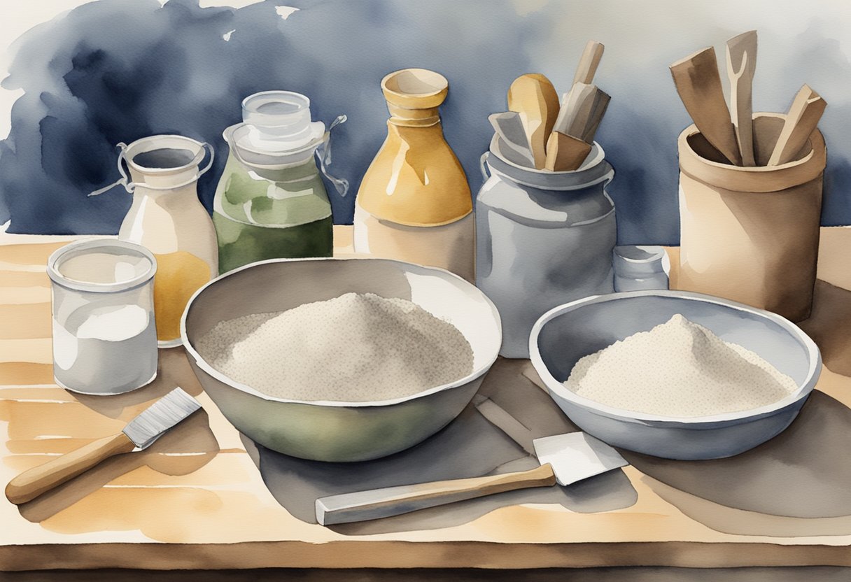 A table with ingredients and tools for making refractory cement, including fireclay, silica sand, perlite, a mixing bowl, and a trowel