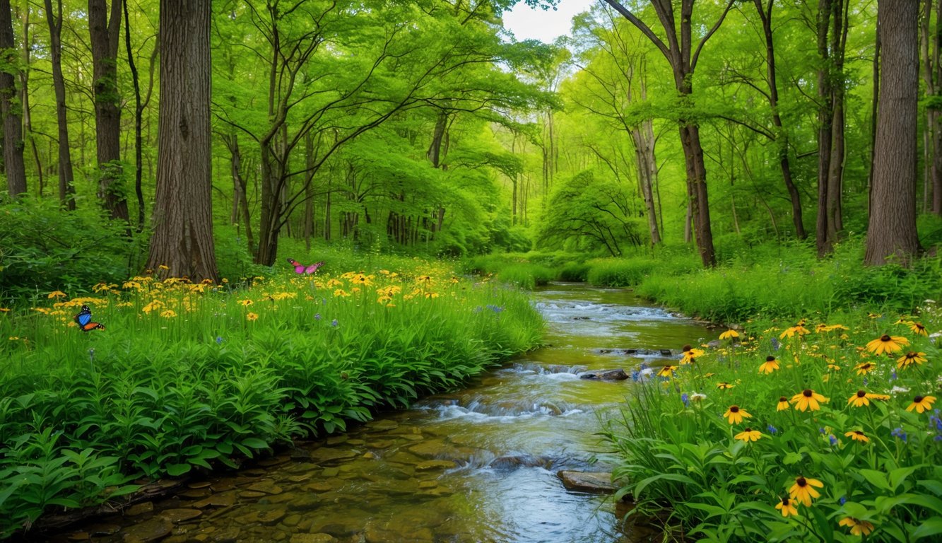 En frodig grønn skog med en klar bekk, omringet av fargerike villblomster og sommerfugler