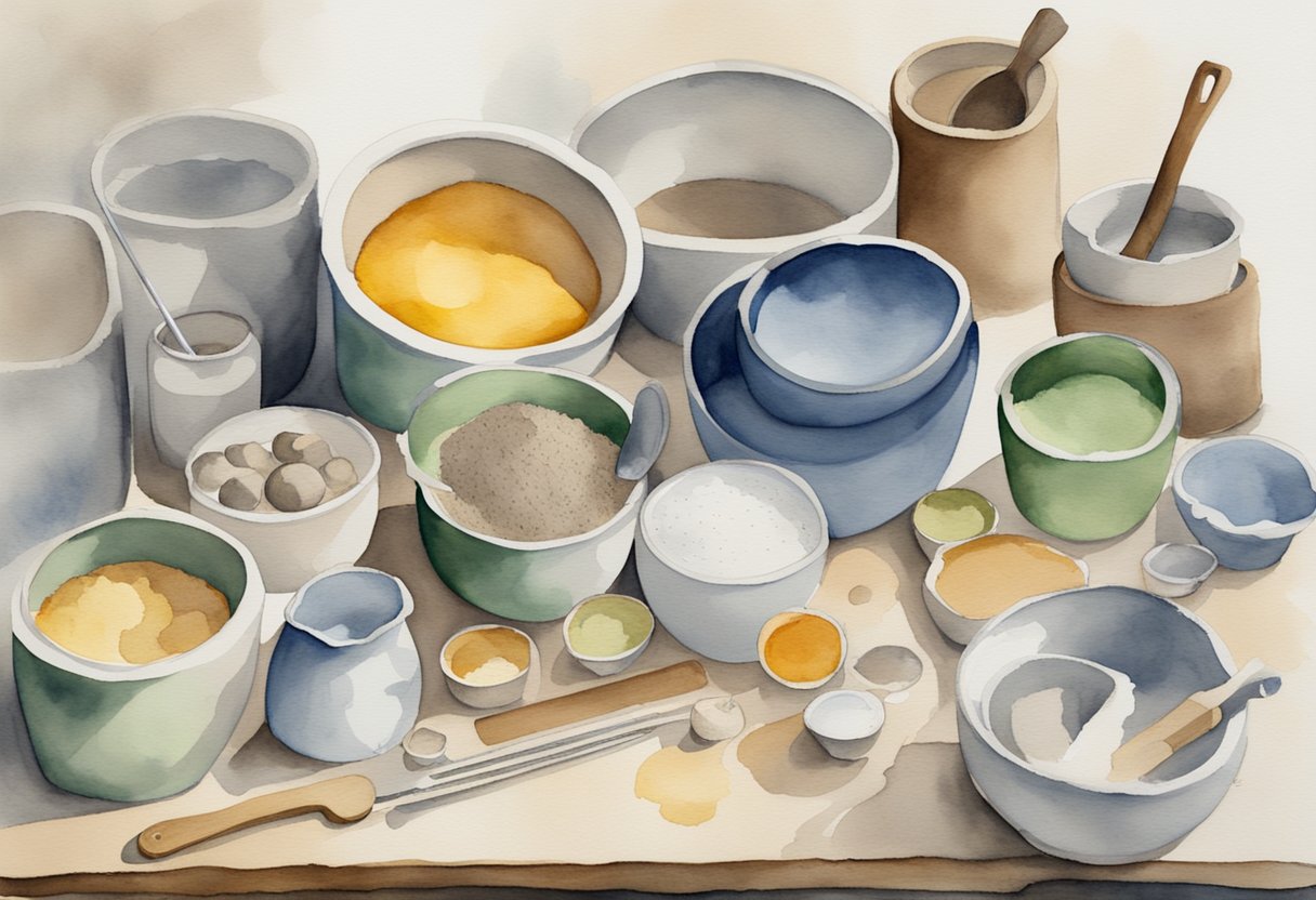 A table with various ingredients and tools for making refractory cement, including a mixing bowl, measuring cups, and different types of refractory materials