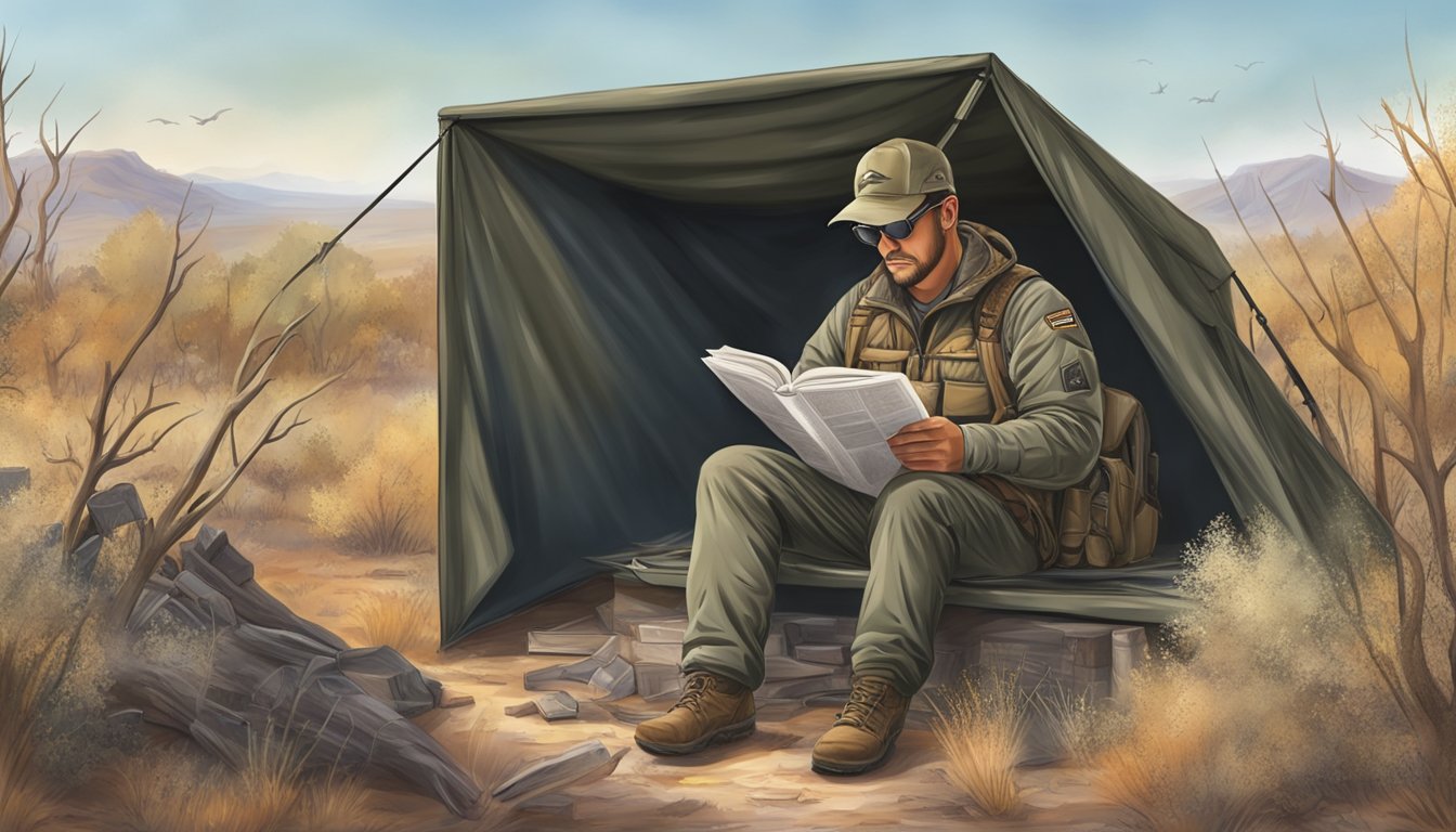 A hunter reading the Arizona Hunting Regulations guide while sitting in a camouflaged hunting blind with a rifle and binoculars nearby