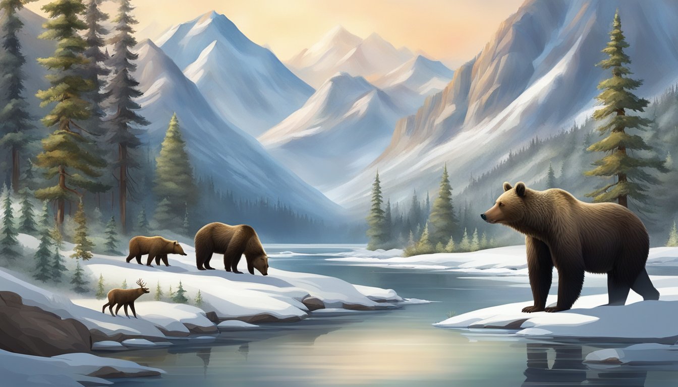 A serene forest with a variety of wildlife, including bears, moose, and caribou, surrounded by snow-capped mountains and a flowing river