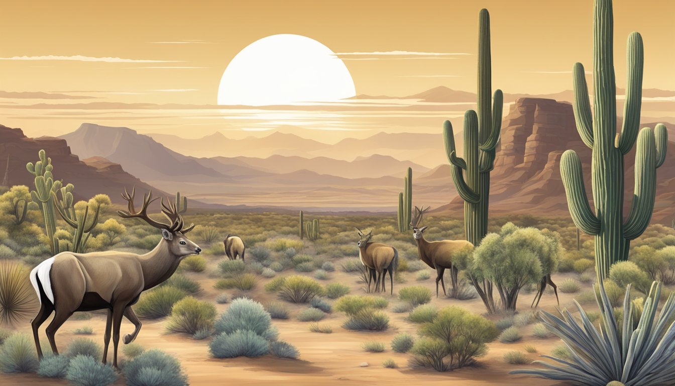 A desert landscape with saguaro cacti, mesas, and a variety of big game species such as mule deer, elk, and bighorn sheep