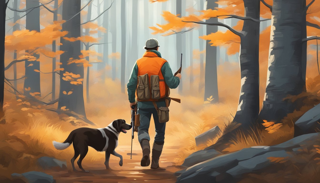 A hunter in orange vest walks through forest with shotgun and hunting dog