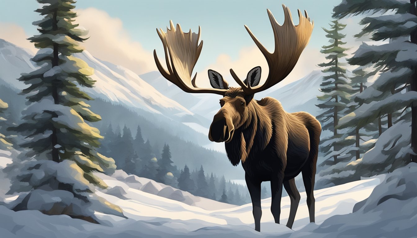 A moose standing in a snowy forest clearing, with mountains in the background and pine trees surrounding the area