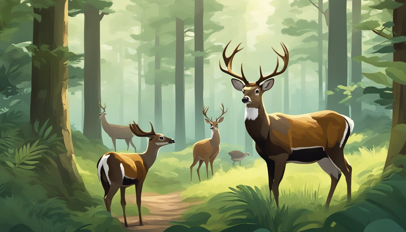 A deer, turkey, and quail stand in a forest clearing, surrounded by lush greenery and tall trees. The animals are alert, creating a sense of anticipation