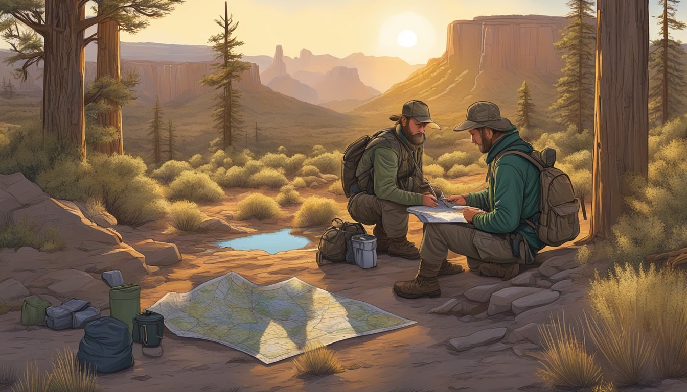 A hunter gathering gear and checking a map in the early morning light before heading out into the Arizona wilderness