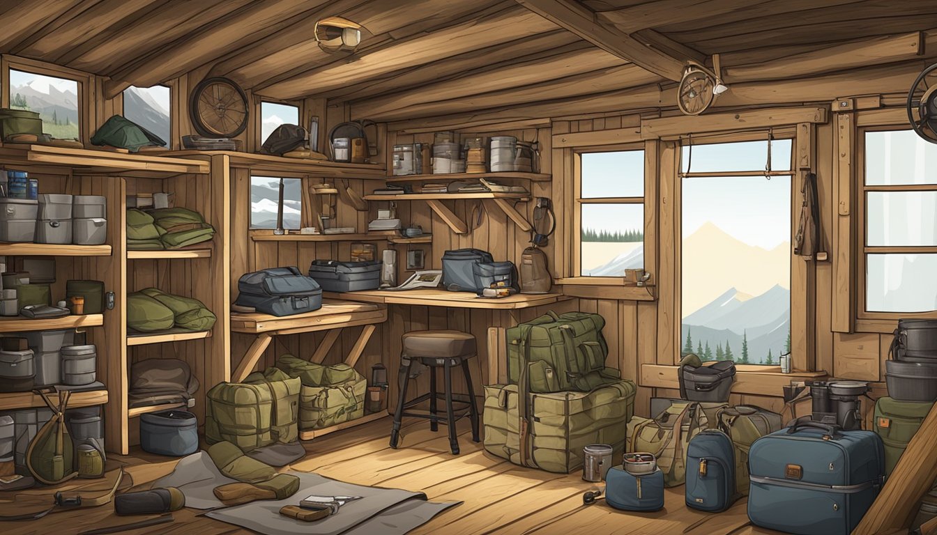 A hunter's cabin in the Alaskan wilderness, surrounded by gear, maps, and supplies for a hunting expedition