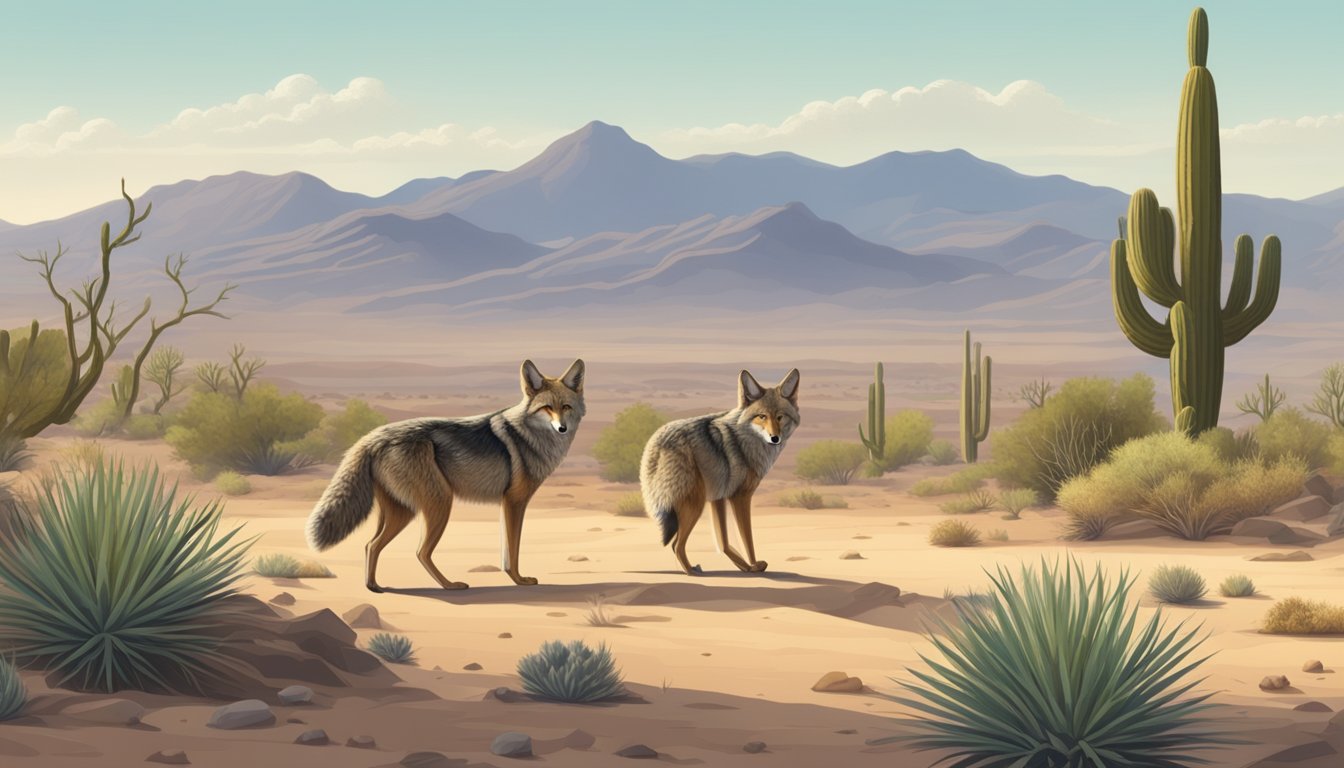 A vast desert landscape with cacti, rocky terrain, and sparse vegetation. A lone coyote prowls the arid hunting ground