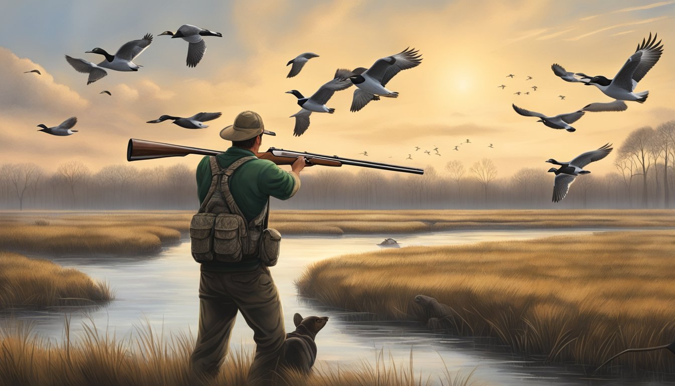 A hunter aims a shotgun at a flock of waterfowl flying over a marsh in Alabama