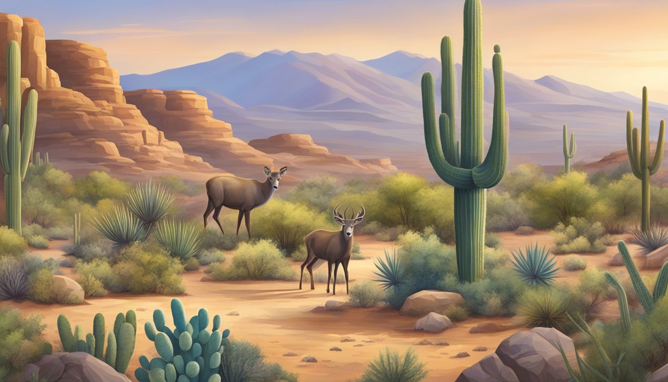 A desert landscape with cacti, mesas, and a variety of wildlife such as deer, bighorn sheep, and javelina