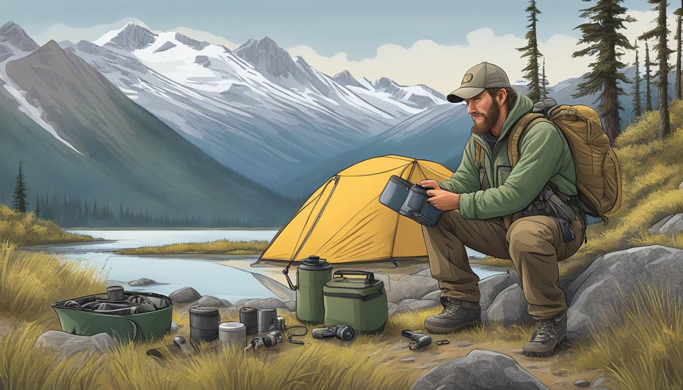 An alaska hunting guide carefully checks equipment before leading a group into the wilderness