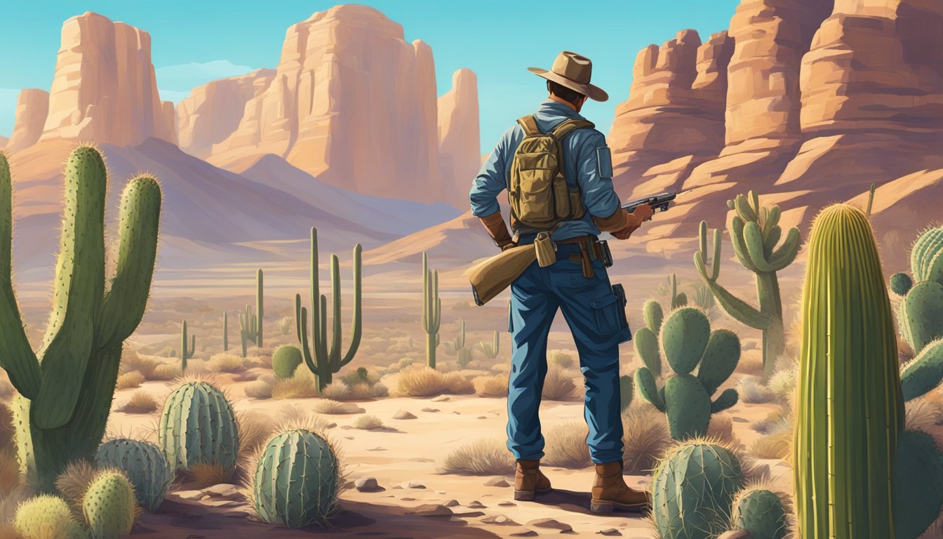 A hunter stands in the Arizona desert, rifle in hand, scanning the horizon for prey. Cacti and rocky terrain surround him under a clear blue sky