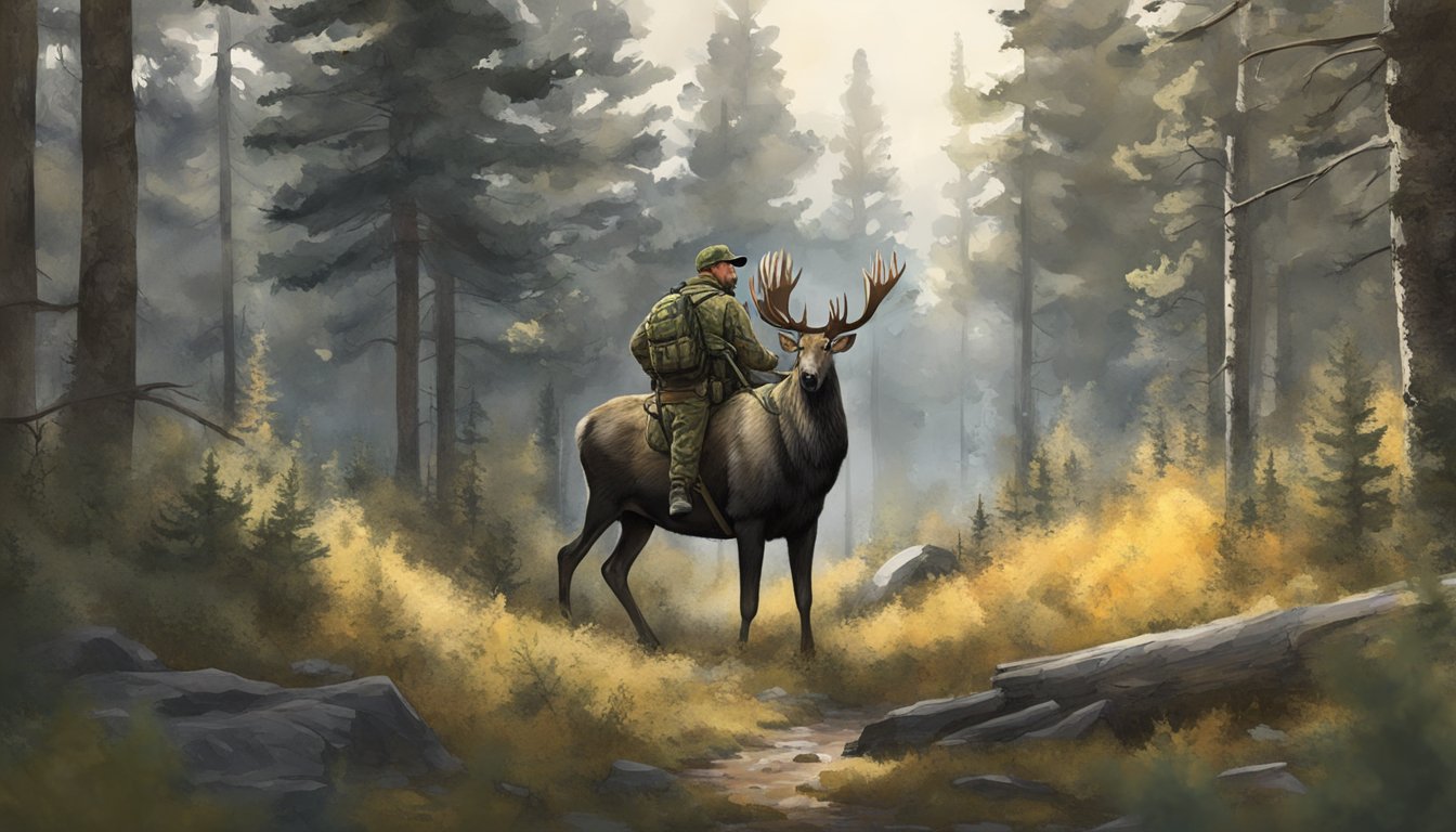 A hunter in camouflage gear quietly stalking through a dense forest, bow in hand, tracking a large moose