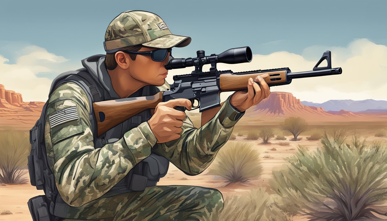 A hunter in camouflage gear aiming a rifle at a target in the Arizona desert