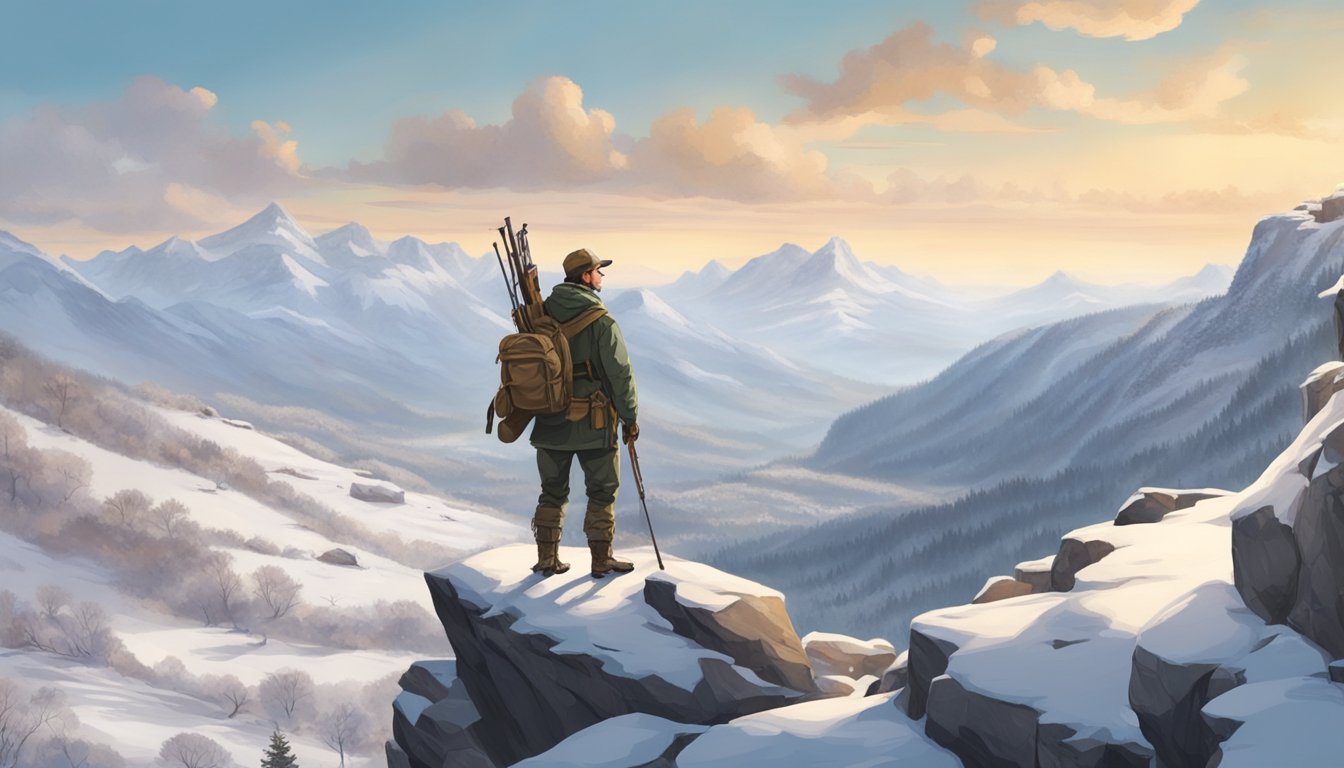 A hunter stands on a rocky cliff overlooking a vast, snow-covered landscape, with a rifle slung over his shoulder and a pack of freshly caught game at his feet