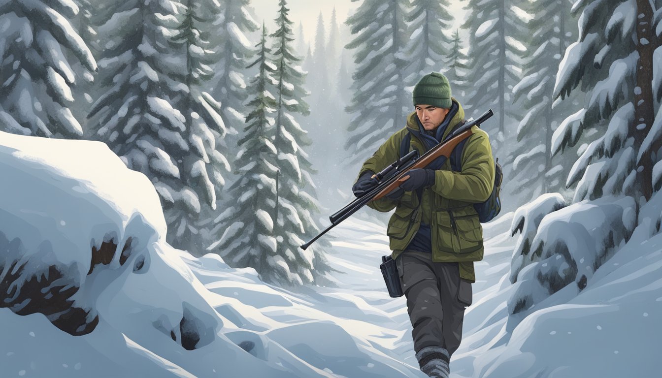 A hunter silently tracking through a snowy Alaskan forest, rifle in hand, eyes scanning for game